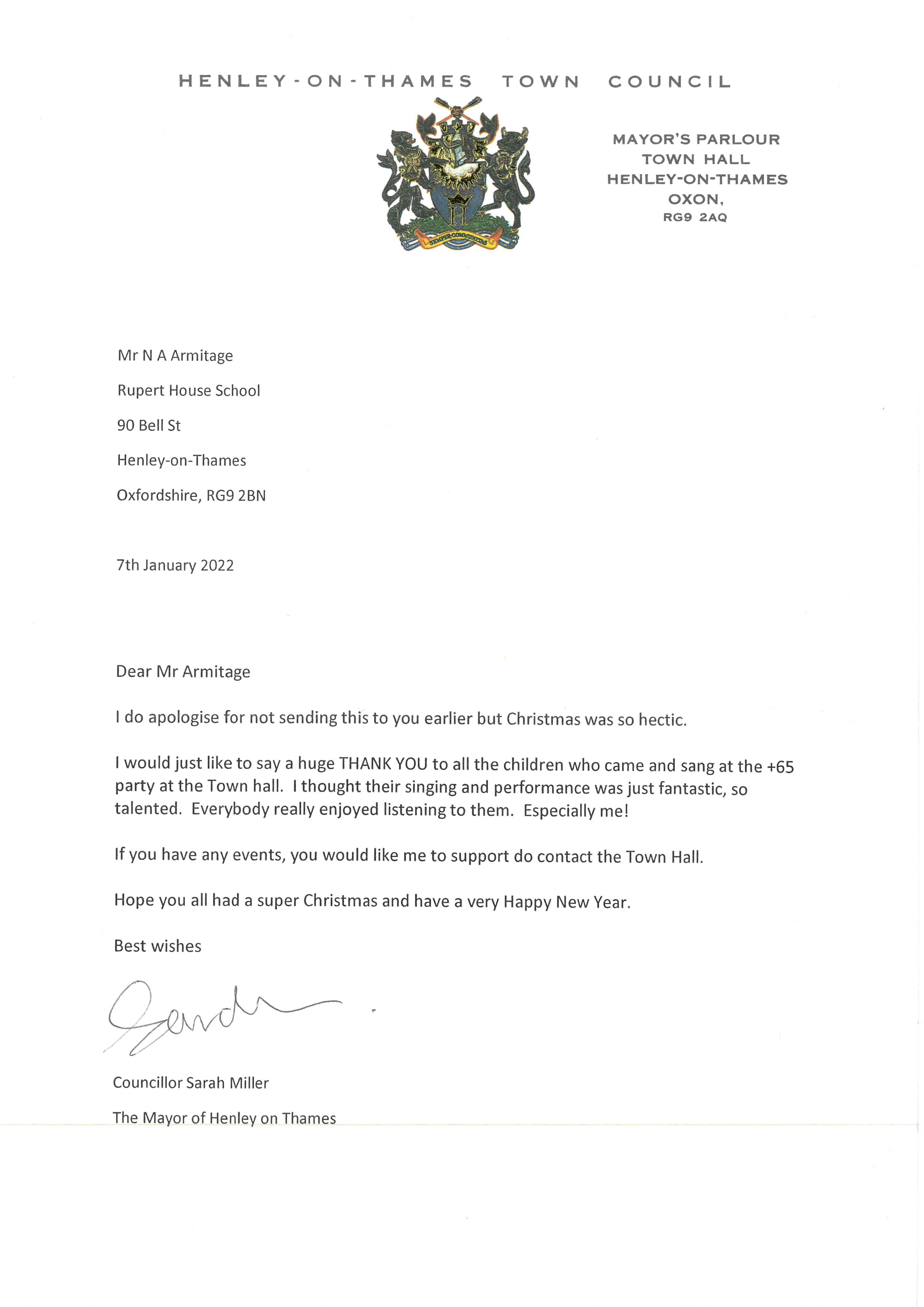 Letter from Mayor of Henley